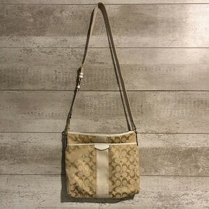 Coach Signature C Beige and White Crossbody Fabric Bag